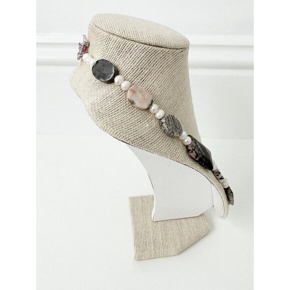 NWT Genuine Zebra Rhodonite & Pearls Necklace Gray Pink White Beaded - Picture 3 of 5